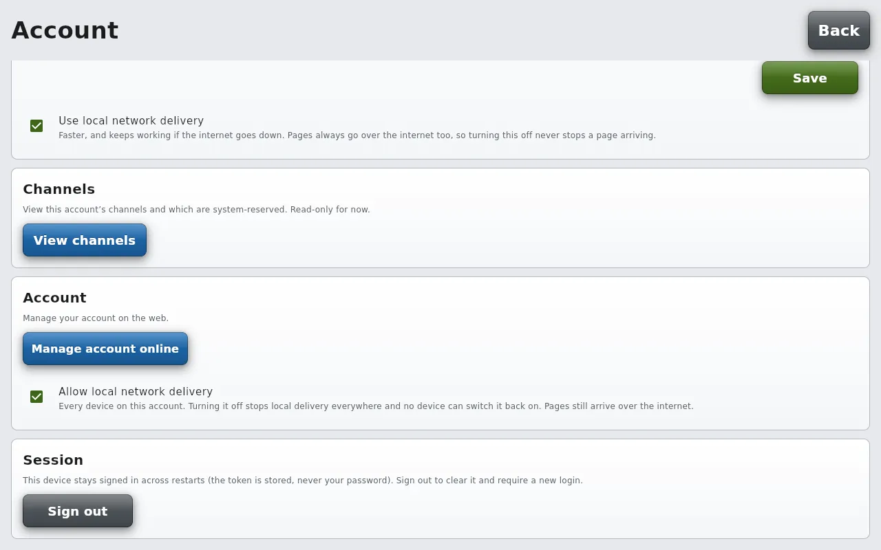 The Account screen of the desktop app: under This device, a checked box Use local network delivery; under Account, a checked box Allow local network delivery, every device on this account, turning it off stops local delivery everywhere and no device can switch it back on.