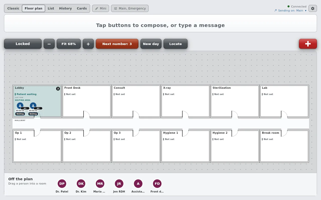 The Floor plan on the desktop app with two patients seated in the Lobby, numbered 1 and 2, each with a Waiting pill and a running clock, and the six staff waiting off the plan below.