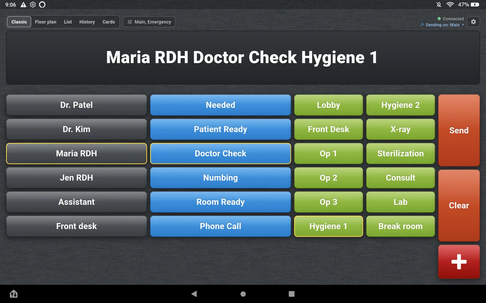 The Classic view on the Fire HD 10 in Classic Dim: the message Maria RDH Doctor Check Hygiene 1 composed in large type, with Maria RDH, Doctor Check and Hygiene 1 ringed in gold on the three columns of buttons, and Send, Clear and the red emergency cross at the right.