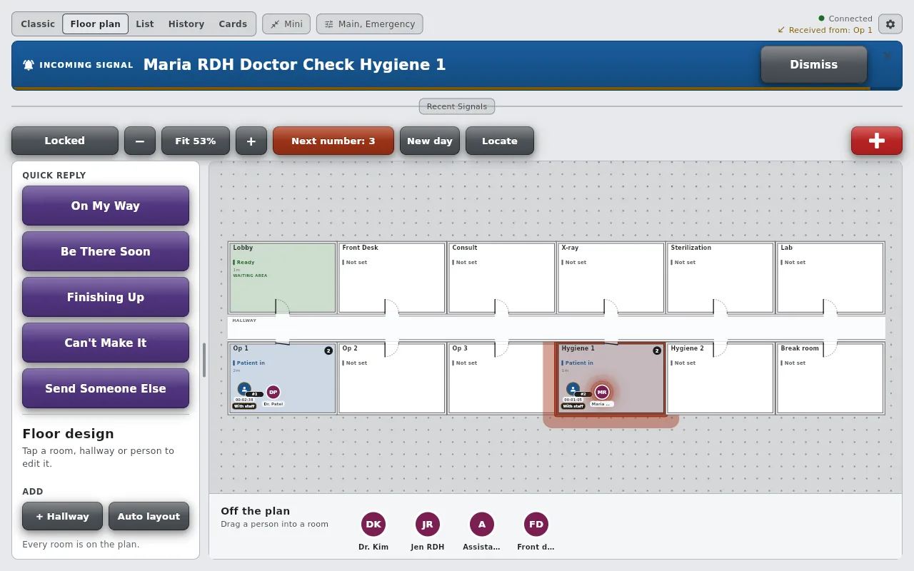 The desktop plan with the incoming signal Maria RDH Doctor Check Hygiene 1 across the top, Hygiene 1 glowing red on the plan, and the five quick replies in the side pane.
