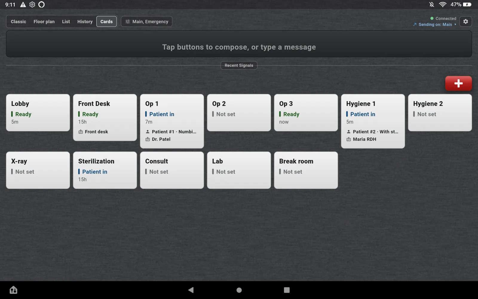 The Cards view on the Op 1 tablet: a card for every room with its state and age; Op 1 and Hygiene 1 read Patient in with the patient and the staff member listed, Op 3 reads Ready.