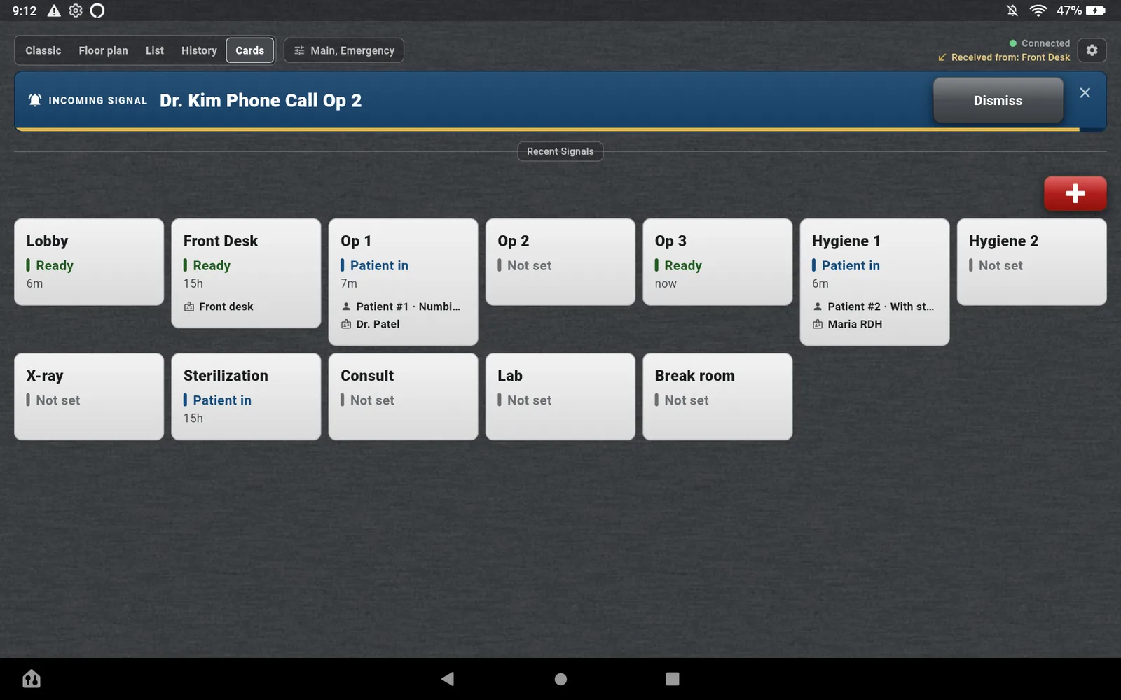The Cards view on the Op 1 tablet with the incoming signal Dr. Kim Phone Call Op 2 across the top and a card for every room below.