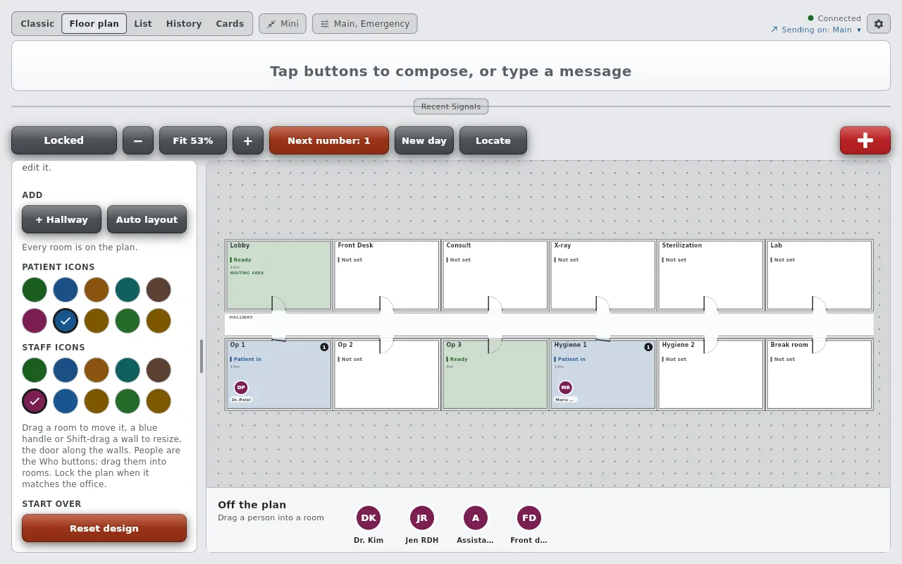 Floor design on the desktop after New day: the pane offers Add Hallway, Auto layout, the note Every room is on the plan, two rows of colored circles for patient icons and staff icons, and Reset design; the plan is empty and unlocked.