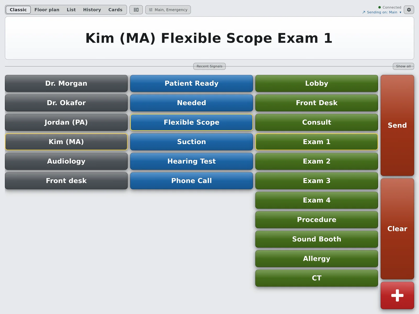 The Classic buttons on a tablet: Dr. Morgan, Dr. Okafor, Jordan (PA), Kim (MA), Audiology and Front desk; Patient Ready, Needed, Flexible Scope, Suction, Hearing Test and Phone Call; and the rooms from Lobby to CT. The message reads Kim (MA) Flexible Scope Exam 1.