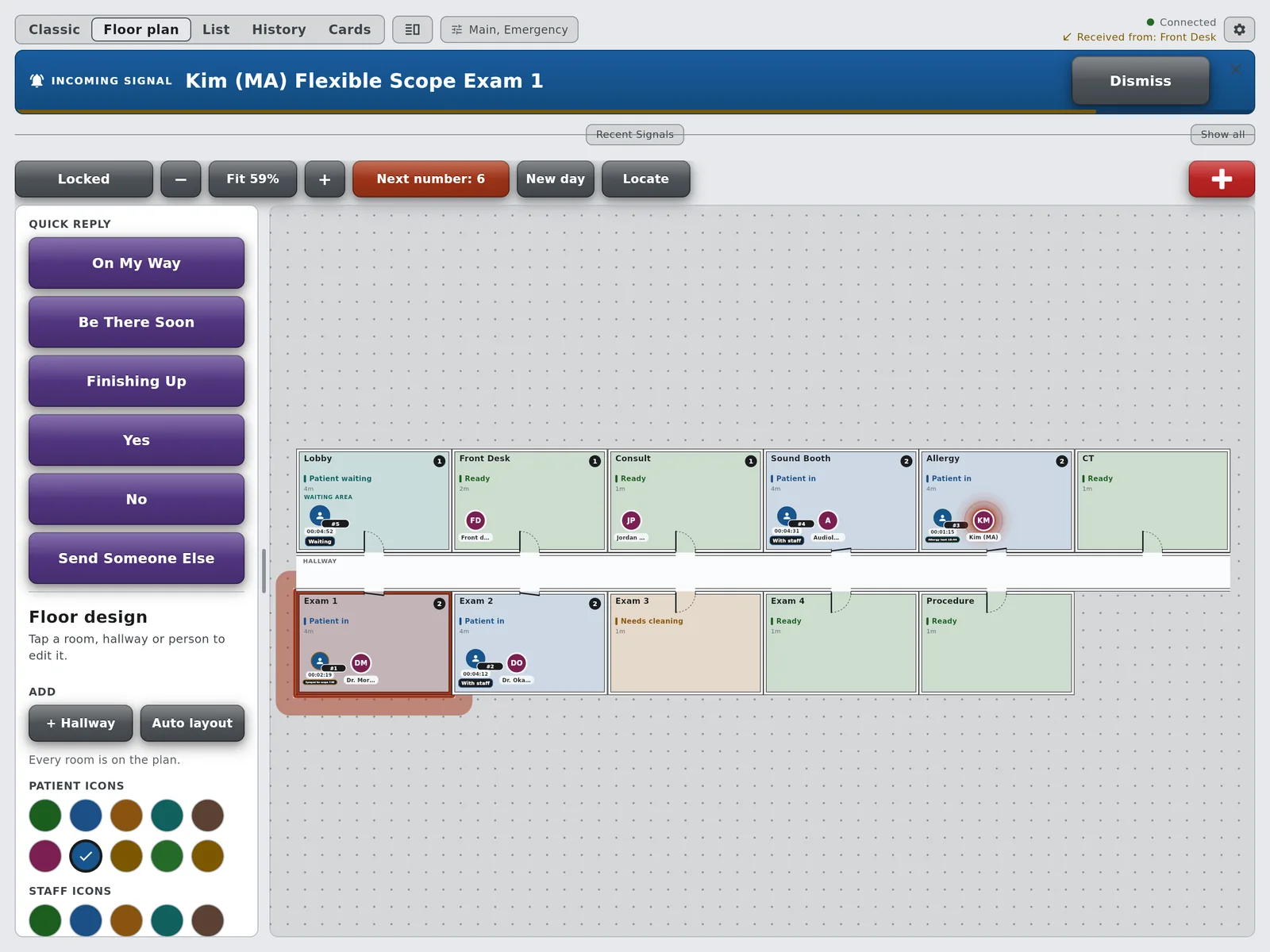 The floor plan with the incoming page: Exam 1 glows red on the plan while the banner reads Kim (MA) Flexible Scope Exam 1, and the quick replies sit in a pane at the left.