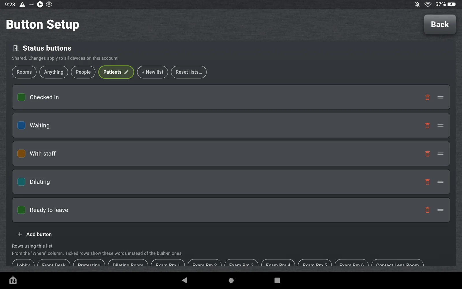 Button Setup, the Status buttons card: chips for the Rooms, People and Patients lists, New list and Reset lists. The Patients list is open with its states, each with a color swatch, and below it the Where rows that use this list.