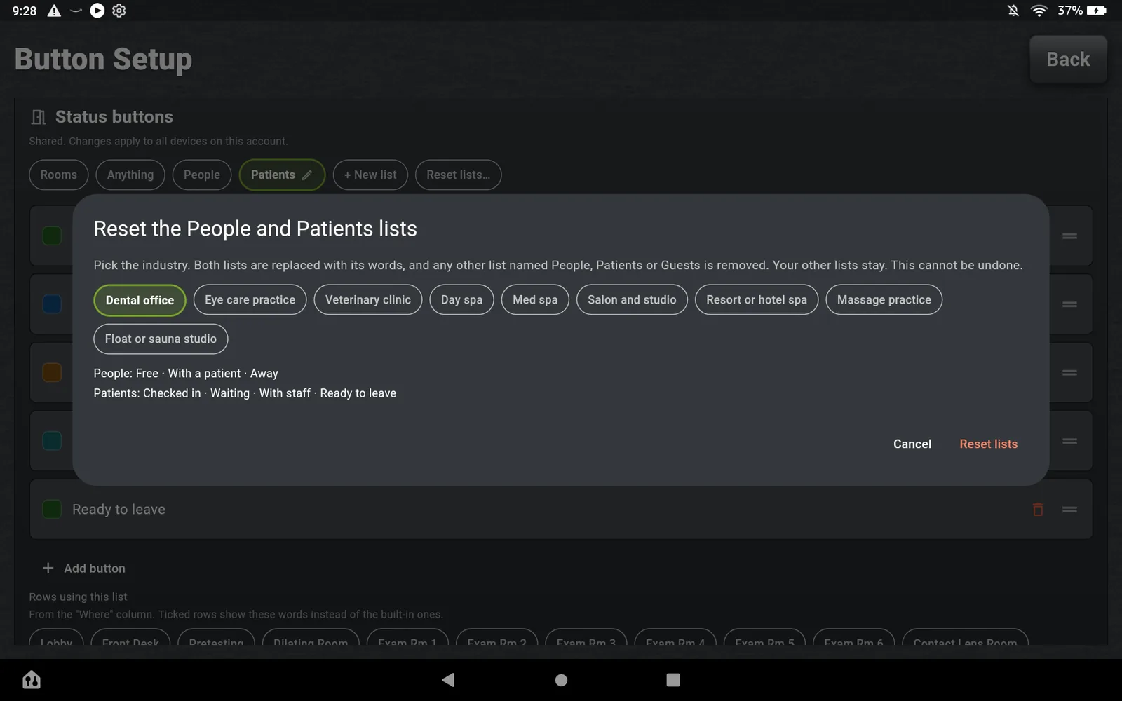 The Reset lists dialog: Reset the People and Patients lists. Pick the industry: Dental office, Eye care practice, Veterinary clinic, Day spa, Med spa, Salon and studio, Resort or hotel spa, Massage practice, Float or sauna studio. Below, the words each preset installs.