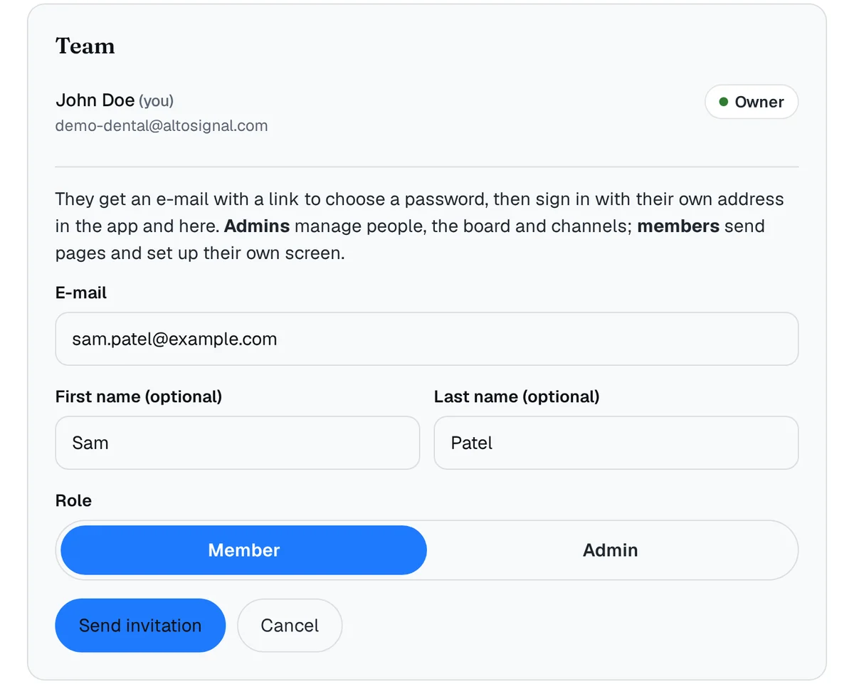 The invitation form on the Team card: E-mail sam.patel@example.com, First name Sam, Last name Patel, Role with Member selected and Admin, and the buttons Send invitation and Cancel.