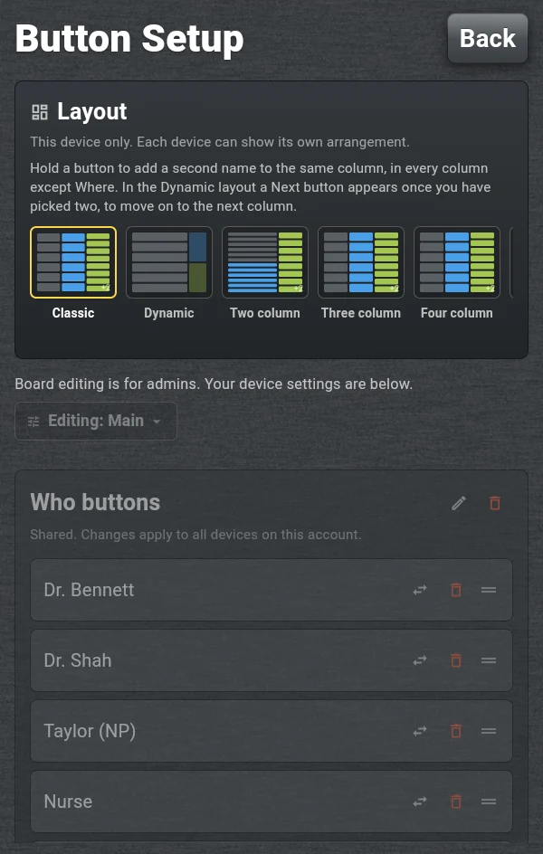 Button Setup on a Fire tablet signed in as a member: the Layout choice for this device is available, and below it the note Board editing is for admins. Your device settings are below. The Who buttons are grayed out.