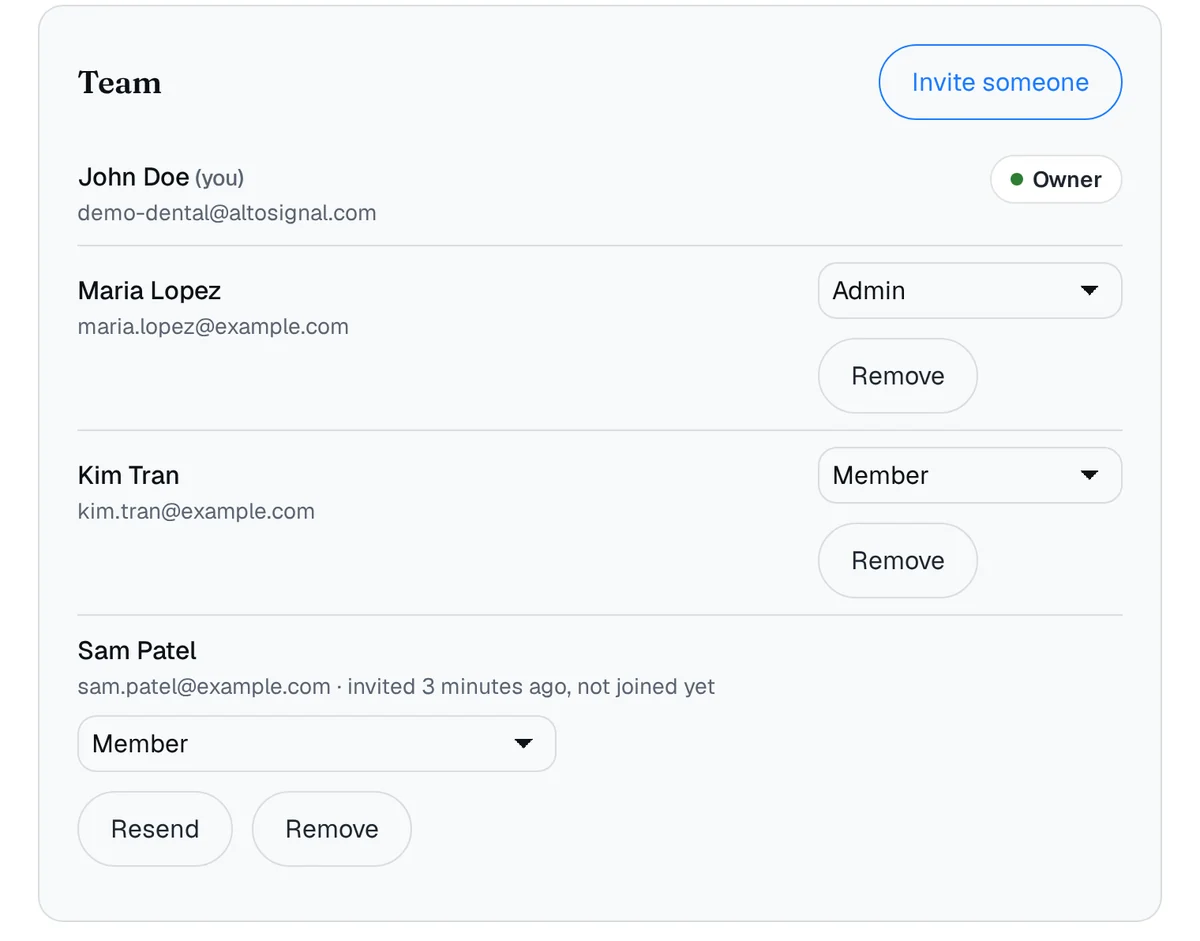 The Team card on the account page, with an owner, an admin, a member and one invitation not yet accepted.